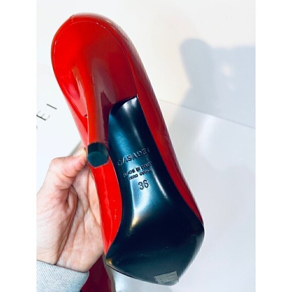 Casadei Red Patent Leather High Heel Pumps sz 36 Faux Rhinestone Gemstone Detail - Picture 12 of 17